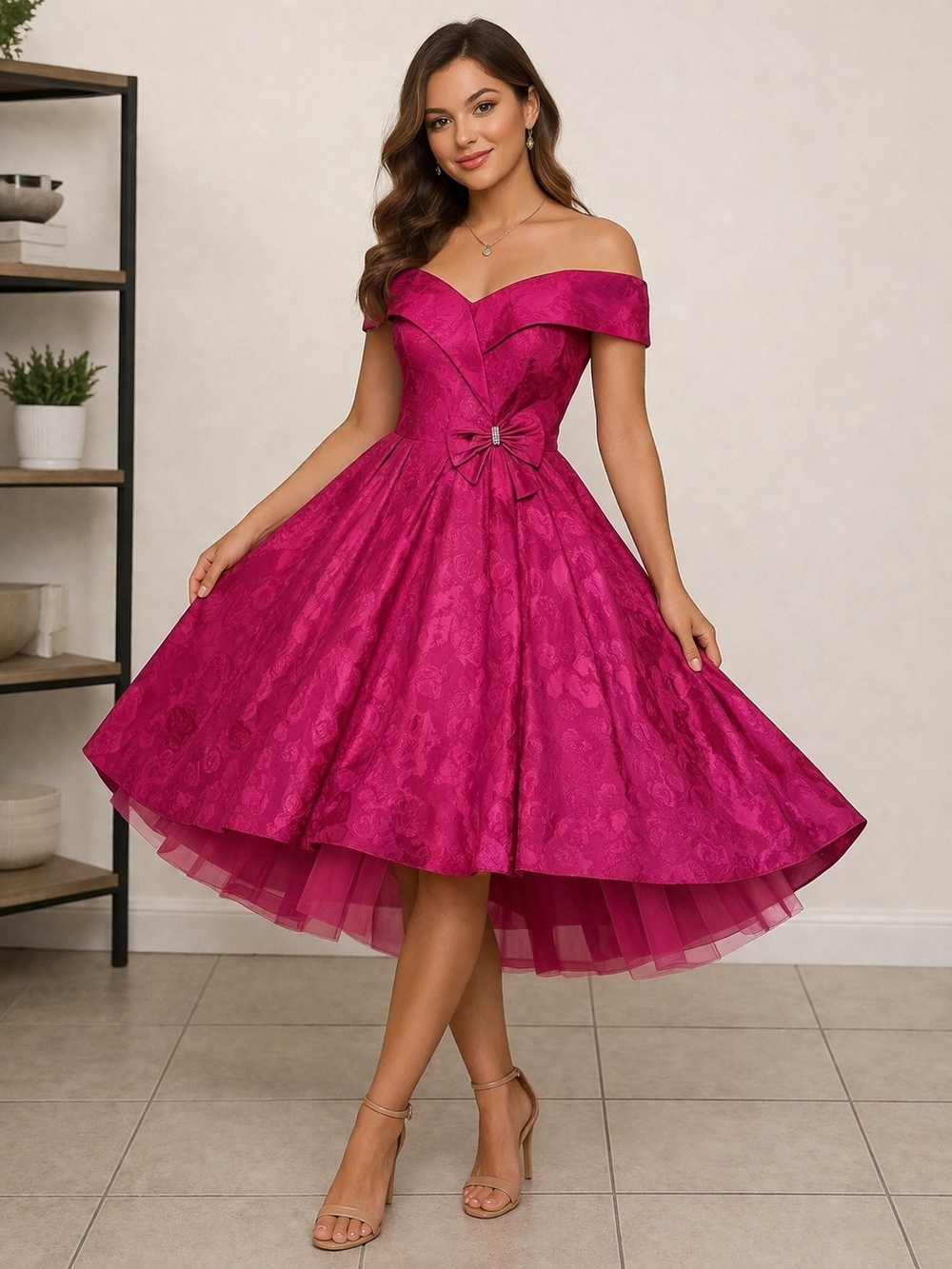 Off-Shoulder High-Low Party Dress in Fuchsia with Bow Waist